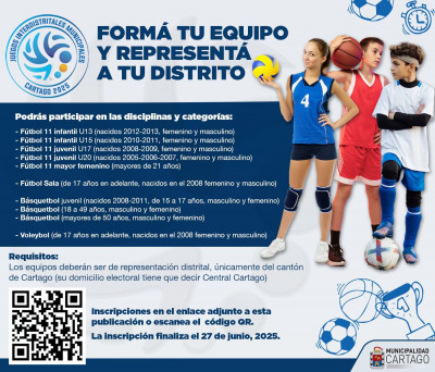 Cartago abre inscripciones para los Juegos Interdistritales Municipales...